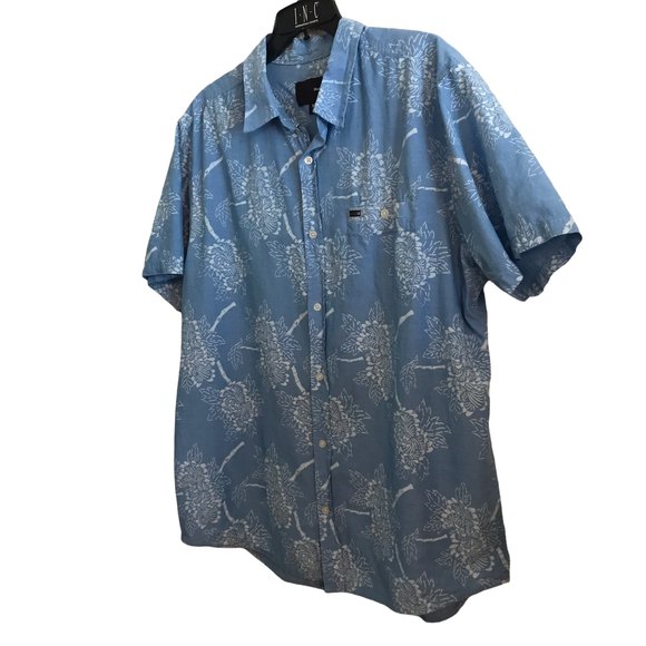 Hurley Mens XL Button Up Shirt Short Sleeve Blue Floral 100% Cotton Beach Aloha - Picture 3 of 6